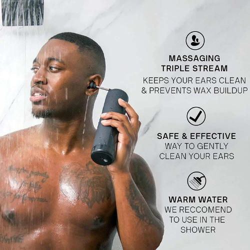 FlushPro™ by NUVIE ear cleaning device in use in the shower, highlighting features like massaging triple stream and safety.